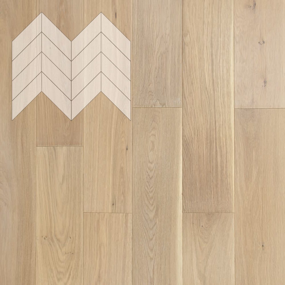 Паркет Елка Французская Lab Arte Chevron Дуб Селект Чегет белый лак 600/450х150х14/3/45°
